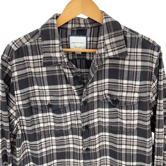 AE American Eagle Super‎ Soft Flannel Plaid Shirt Button Down Gray Size Large - Picture 3 of 9